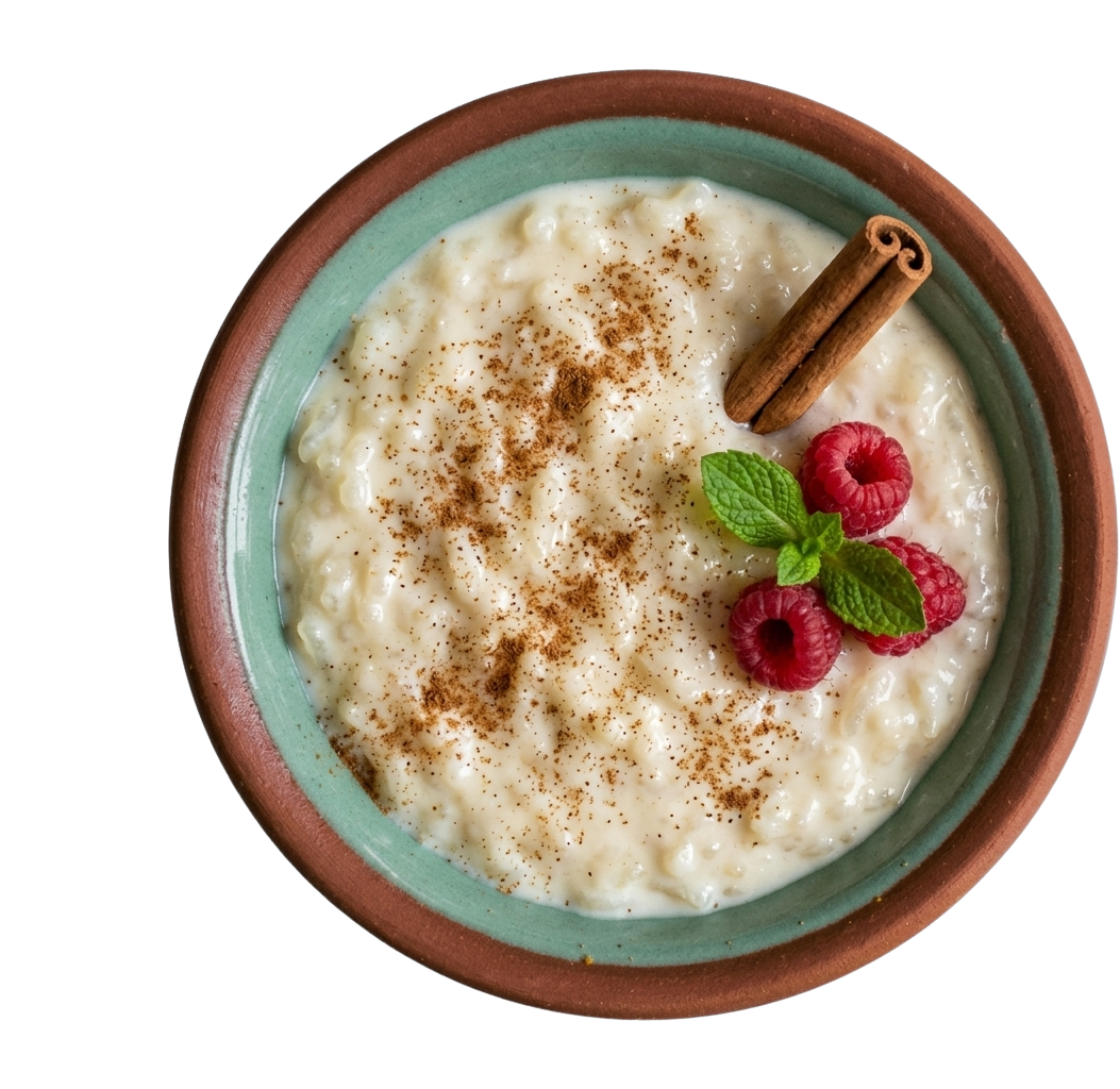 Cuenco de arroz con leche Casa Luis con canela, frambuesas y romero