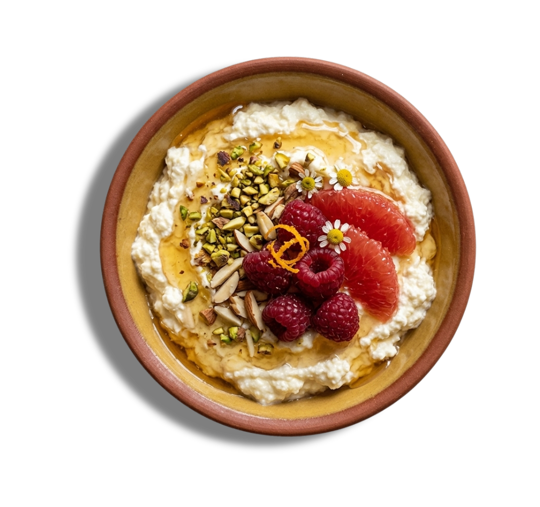 Requeixo artesano Casa Luis con frutos rojos, pistachos y pomelo